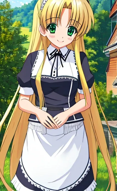 Asia　Beautiful long blonde hair　green eyes　Maid clothes　mini skirt　white panties　smile