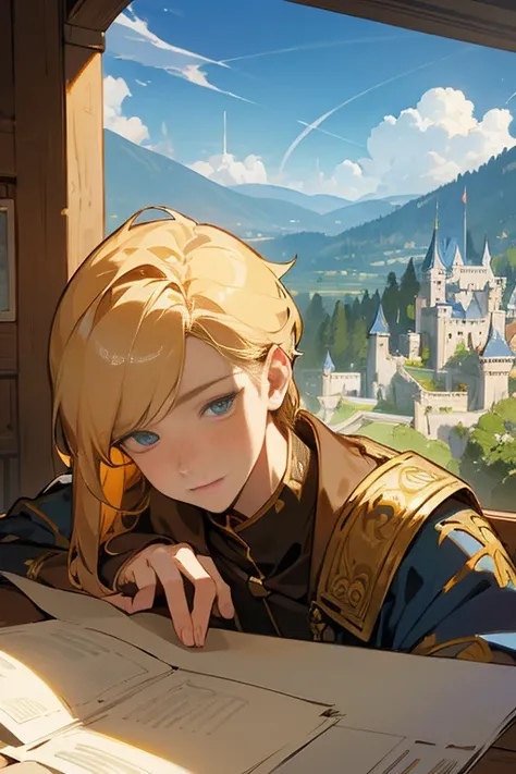 (masterpiece),(best quality), illustration, (fantasy:1.4), perfect male face, solo, cute detailed digital art, beautiful face, golden hair, castle, mountain, a young man, 16 years old, paper_cut