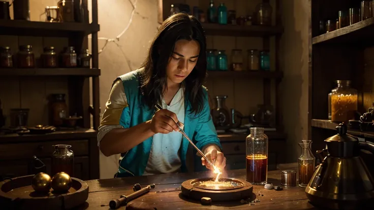 "Depict a vivid, immersive scene of a young alchemist immersed in his laboratory, meticulously brewing a new magical potion. The room is lit in a soft golden light, highlighting vials of exotic ingredients and shelves filled with ancient grimoires. In the ...