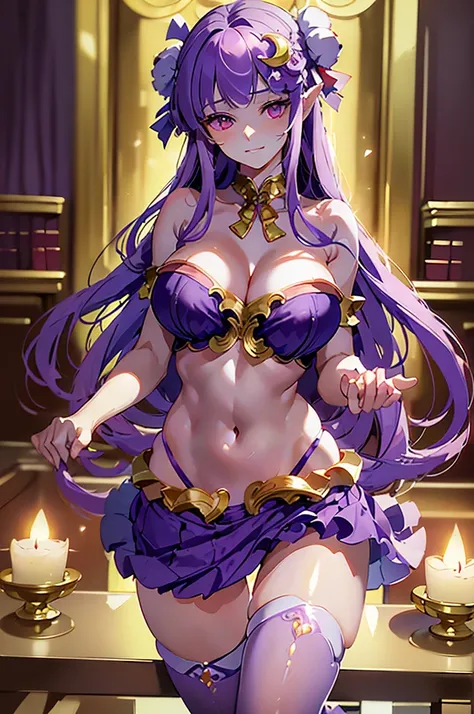 (masterpiece, best quality),best quality, (ultra-detailed), (3heads:1.4), 1girl, (patchouli knowledge:1.3), masterpiece, best quality, purple top, crop top, ((stomach)), midriff, ((groin)), purple skirt, striped skirt, normal ears, shackles, purple hair, v...