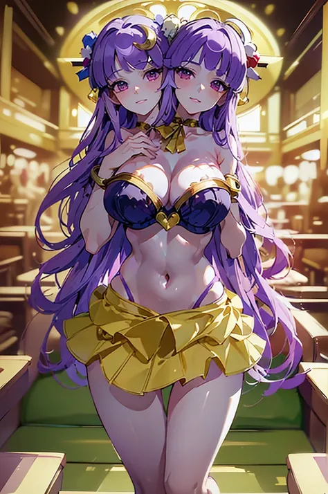 (masterpiece, best quality),best quality, (ultra-detailed), (3heads:1.4), 1girl, (patchouli knowledge:1.3), masterpiece, best quality, purple top, crop top, ((stomach)), midriff, ((groin)), purple skirt, striped skirt, normal ears, shackles, purple hair, v...