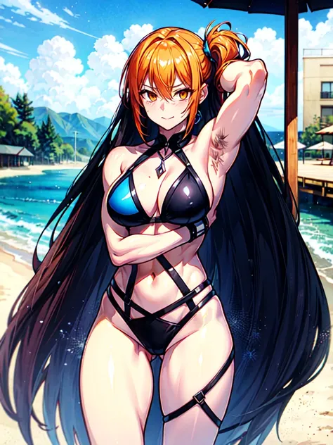 （（（masterpiece、Highest image quality、highest quality、highly detailed unity 8ｋwallpaper）））、（（Illustration of one girl））、（（（beautiful girl）））、（（orange hair、side ponytail、sidelocks：1.4、orange eyes））、（（（stocky build, thickset physique, muscular legs, broad sho...