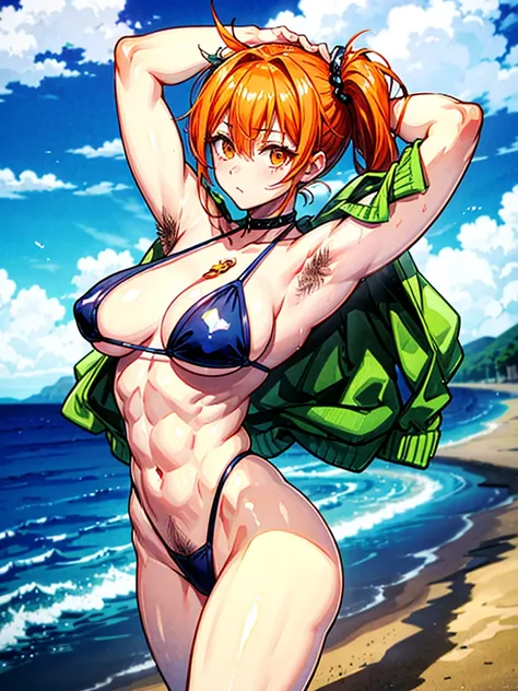 （（（masterpiece、Highest image quality、highest quality、highly detailed unity 8ｋwallpaper）））、（（Illustration of one girl））、（（（beautiful girl）））、（（orange hair、side ponytail、sidelocks：1.4、orange eyes））、（（（stocky build, thickset physique：1.3, muscular legs, broad...