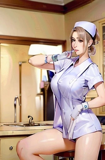 nurse uniform,hospital, latex nurse suit,nurses,busty,elbow gloves,labcoat,silverhair woman,blue eyes , gigantic boobs ,medical ...