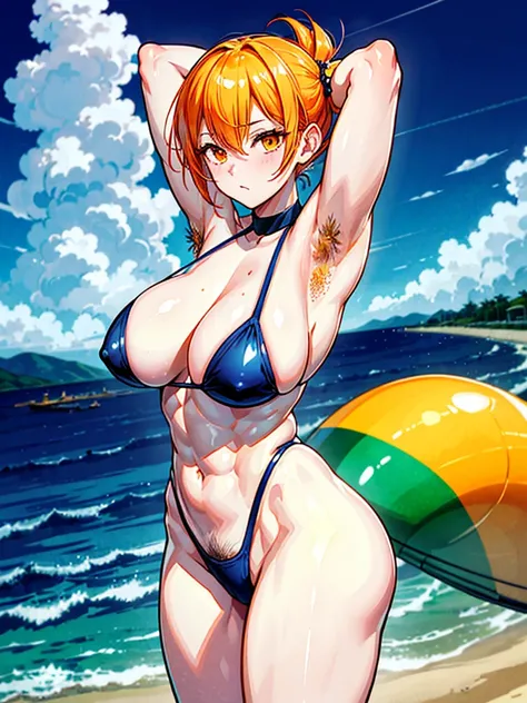 （（（masterpiece、Highest image quality、highest quality、highly detailed unity 8ｋwallpaper）））、（（Illustration of one girl））、（（（beautiful girl）））、（（orange hair、side ponytail、sidelocks：1.4、orange eyes））、（（（stocky build, thickset physique：1.3, muscular legs, broad...