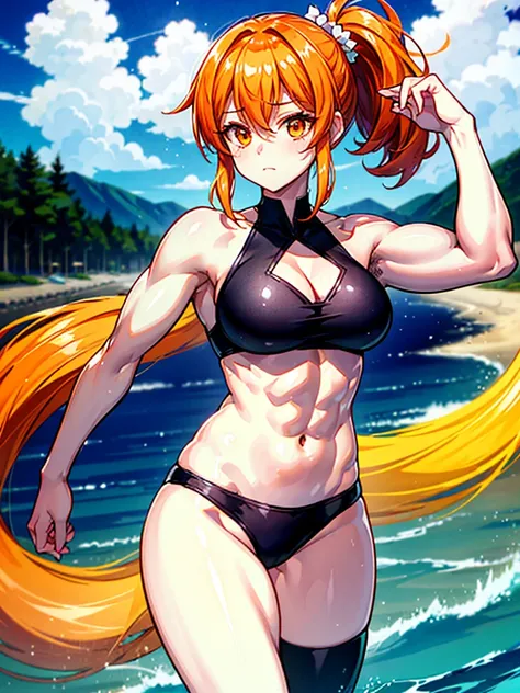 （（（masterpiece、Highest image quality、highest quality、highly detailed unity 8ｋwallpaper）））、（（Illustration of one girl））、（（（beautiful girl）））、（（orange hair、side ponytail、sidelocks：1.4、orange eyes））、（（（stocky build, thickset physique：1.3, muscular legs, broad...