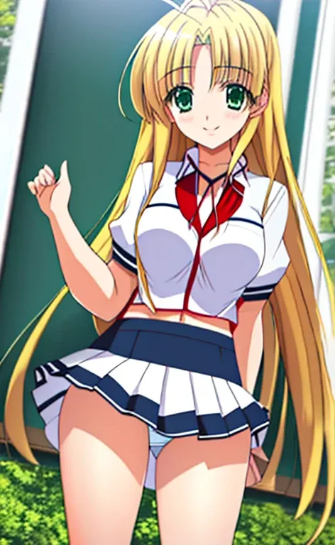 Asia　Beautiful long blonde hair　green eyes　high school girl　mini skirt　white panties　smile