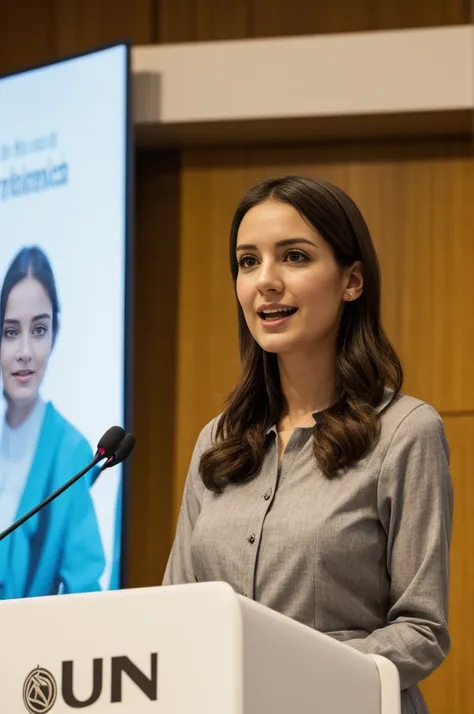 mónica with peaceful face, happy, dressed in b&n elegant modest clothing, preaching in a conference. high contrast, professional lighting, uhd
