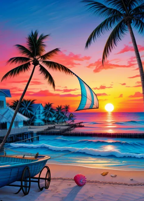 peaceful beach scenery, with a beautiful sunset, clear blue sea water, sands, Palm trees swaying gently in the wind, Colorful seashells scattered on the shore, Cozy beach house with thatched roof, Hammock hanging between two trees, A small boat sailing far...