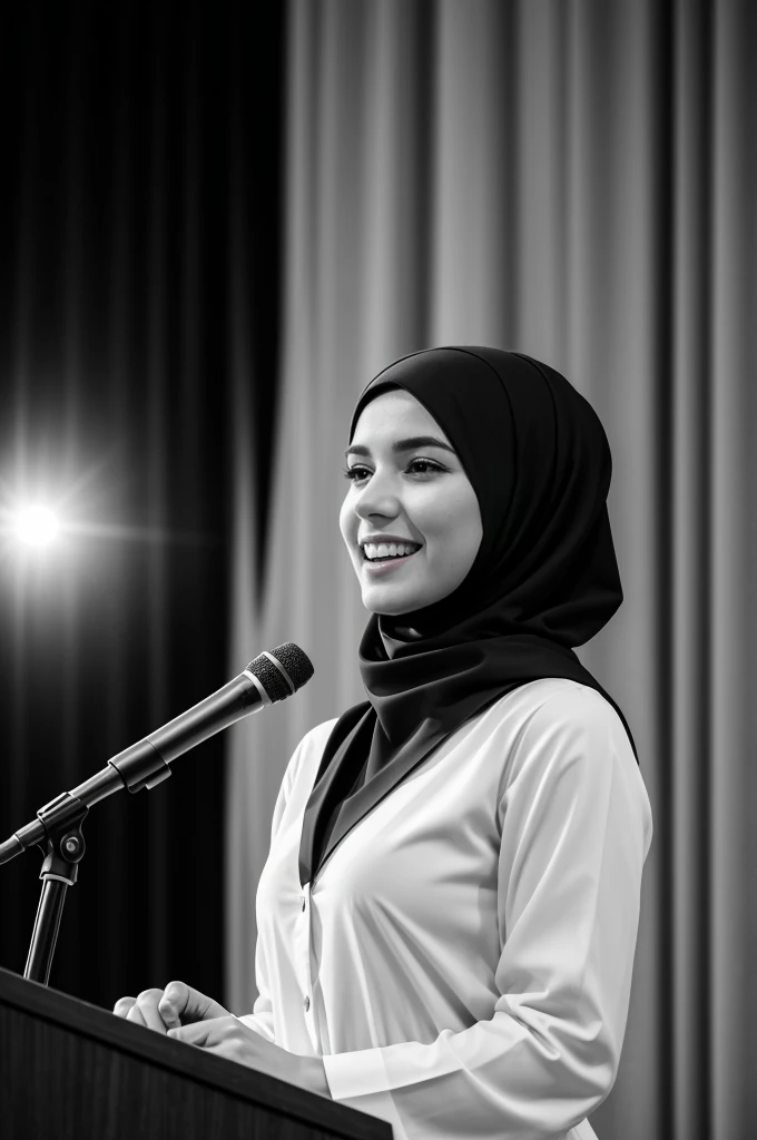 mónica with peaceful face, happy, black & white elegant modest clothing, preaching in a conference. high contrast, professional lighting, uhd
