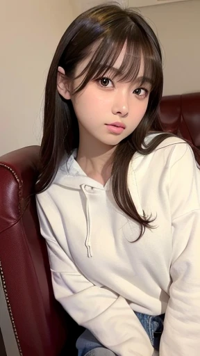 Raw photo、(((ultimate beauty portrait)))、1 girl、Japanese 17 year old beautiful girl、((brown hair))、((Big eyes that shine like jewels))、my room、Glossy and glossy skin、(medium long hair)、(Sitting in a gaming chair)、eyeliner、beautiful bangs、hair between eyes、...