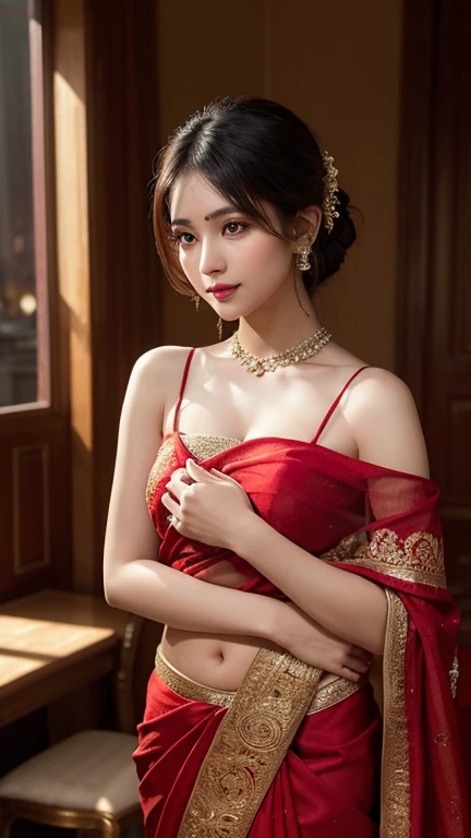 "Imagine an alluring and atmospheric scene: In a softly lit room adorned with intricate tapestries and ornate furnishings, a young woman sits elegantly on a vintage chair. She is draped in a captivating red saree that hugs her form, accentuating her silhou...