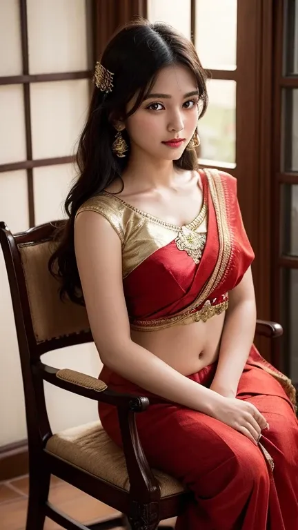 "Imagine an alluring and atmospheric scene: In a softly lit room adorned with intricate tapestries and ornate furnishings, a young woman sits elegantly on a vintage chair. She is draped in a captivating red saree that hugs her form, accentuating her silhou...