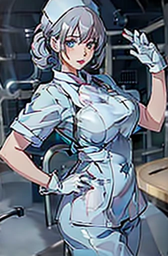 nurse uniform,hospital, latex nurse suit,nurses,busty,elbow gloves,labcoat,silverhair woman,blue eyes , gigantic boobs ,medical ...