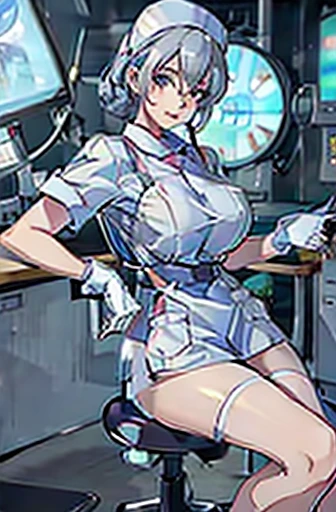 nurse uniform,hospital, latex nurse suit,nurses,busty,elbow gloves,labcoat,silverhair woman,blue eyes , gigantic boobs ,medical ...