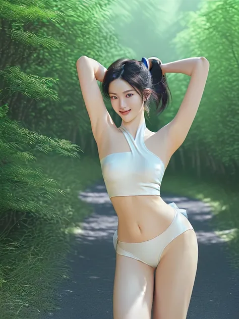 ((Darken underarm color!!、Show armpits、armpit、Detailed armpit wrinkles、举起双手露出armpit、on a street、in the forest、look here、a smile、Bright sunlight shines on the body、high ponytail hairstyle、Armpit skin  more delicate、腋下皱纹armpit缺水、Dark underarms))、quality, (re...