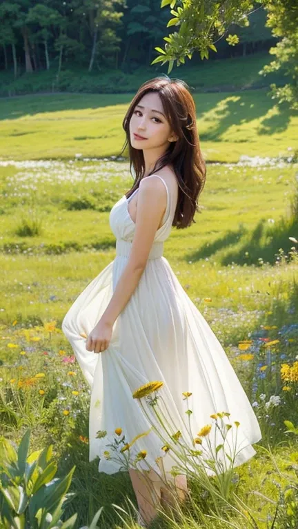 "Imagine a serene moment in a tranquil meadow: Bathed in the soft, golden light of late afternoon, a young woman stands amidst a sea of wildflowers, their vibrant colors painting a vivid tapestry against the lush green backdrop. She is dressed in a flowing...