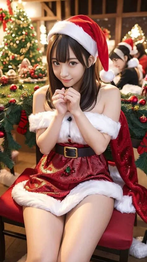 ((top-quality, masutepiece, 超A high resolution, (Photorealistic:1.4), Raw photo, ighly detailed, perfect anatomia)), 3-Girl, All 16 years old、most popular japanese idols, (((At the Christmas party, everyone sits in chairs facing each other and chats.))), (...