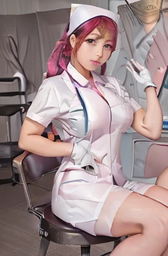 nurse uniform,hospital, latex nurse suit,nurses,busty,elbow gloves,labcoat,redhair woman,pink eyes , gigantic boobs ,medical ins...