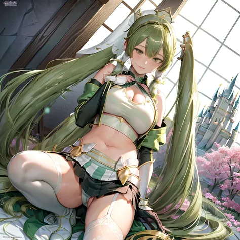 (Very good image quality), 1 girl Emerald green hair, long twin tails hair, back braid, low braid, bangs covering one eye, white veil, beret, silver tiara, yellow eyes, black blindfold, (chain) (bracelet with chain), (leg rings with chains)(chain connected...