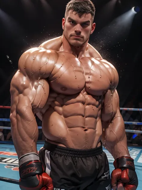 3D Photorealistic, Masterpiece realistic, best high quality, perfect details, RAW Photo, intricate details, nice lighting, 4K, detailed background, In the championship boxing match, A determined muscular boxing champion 45-year-old man, perfect wrinkle wea...