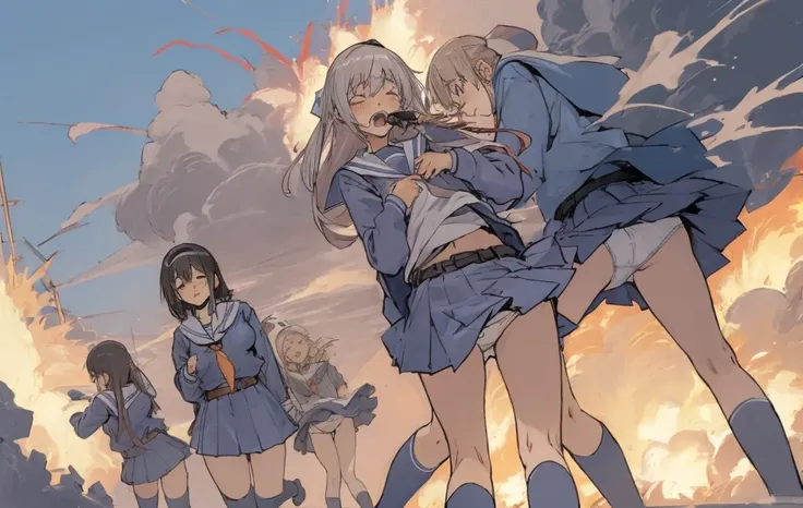 5 girls in grey school uniform with a belt, tottering, screaming, spit take, closed eyes, ecchi anime style, detailed full body, thigh-high socks, micro mini skirt, (white panties:1.1), sailor collar, scenery, explosion