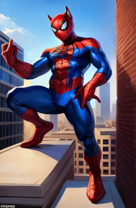 solo, male, german shepherd, overweight, wearing red and blue spiderman, spiderman spandex costume, classic spiderman suit print, unmasked, no masked, full body view, at top of building rooftop, by chunie 