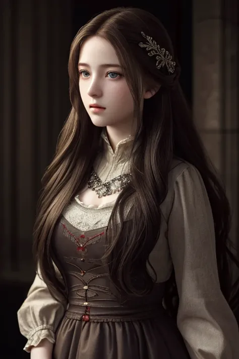 best quality, masterpiece, ultra high resolution, (lifelike:1.37), original photo, 1 girl, long hair, beautiful eyes,  beautiful face, Detailed eyes and face, long skirt, dynamic lighting, in the darkness, deep shadow, low profile, Somewhat medieval Britis...