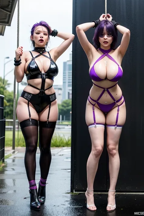 ((best quality)), ((masterpiece)), (detailed), perfect face, 2 Tall Women, Big Boobs, Tied with Ropes To a Pole, Cyberpunk, Futuristic, Purple Hair, Latex Lingere, , Hands Up, Shibari, Pearcings, Blush, Shy Expression, Full Body, Blindfold, Sweaty, Wet Bod...