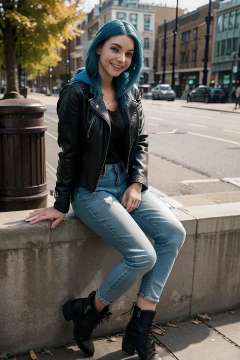 Model, blue hair, thick hair, clean face, green eyes, big boos, wearing a leather jacket over hoodie and jeans, boots in feet , smiling, at the London bridge, autumn weather