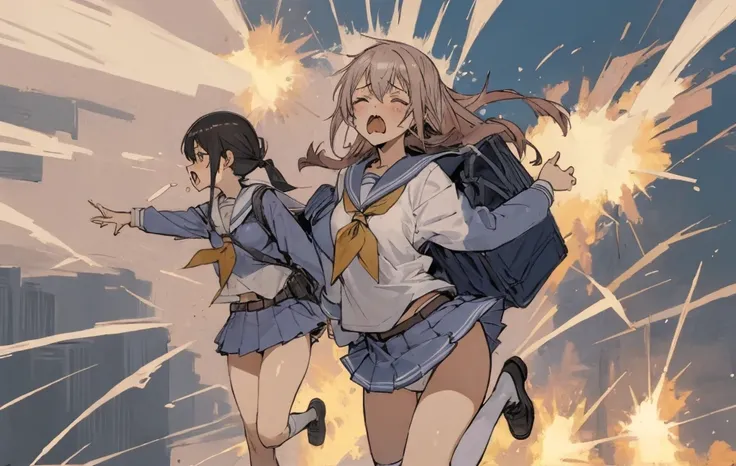 5 girls in grey school uniform with a belt, tottering, screaming, spit take, flying spittle, closed eyes, ecchi anime style, detailed full body, thigh-high socks, micro mini skirt, (white panties:1.1), sailor collar, scenery, explosion