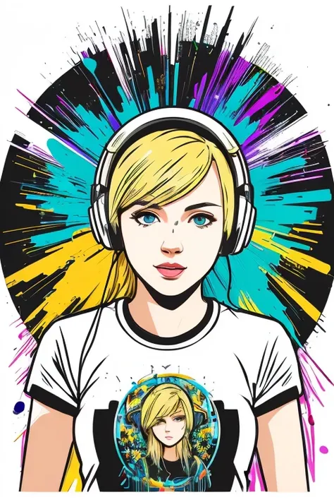 ready-to-print vector t-shirt art colorful graffiti illustration of a 25 year old young woman, blonde hair, with headphones, Casual clothing, intricately detailed, streampunk style, shirt art, action shot, 3d illustration, Adobe illustration, centered artw...