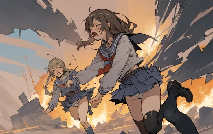 5 girls in grey school uniform with a belt, tottering, screaming, spit take, flying spittle, closed eyes, ecchi anime style, detailed full body, thigh-high socks, micro mini skirt, (torn clothes, white panties:1.1), sailor collar, scenery, explosion