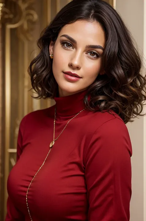 8k, highly detailed, very realistic, brunette, 28-year-old, curly black hair, brown eyes, roundish-almond eyes, natural eyebrows, bottom heavy red lips, red shirt, long foreteeth, speaking, perfect nose, perfect oval face, long chin, golden collar, cleavag...