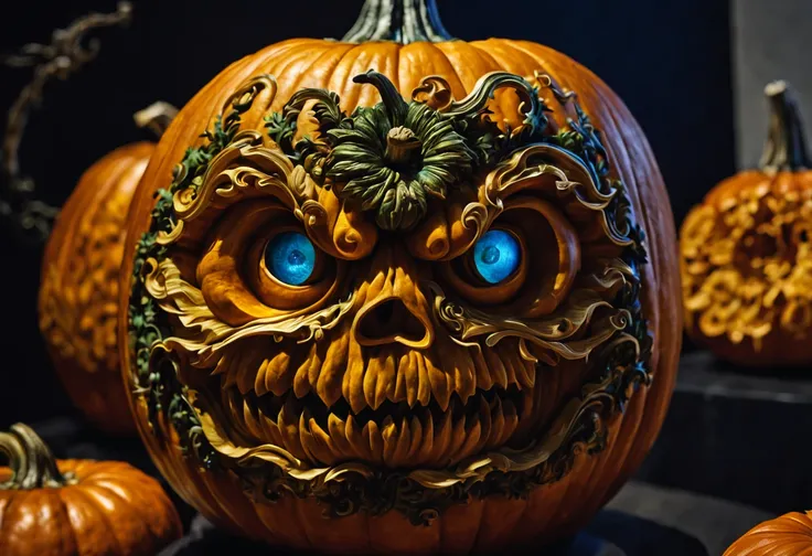 (pumpkin carving art:1.42),impressive pumpkin carving exhibition,peculiar and original pumpkin designs,vibrant and detailed pumpkin carvings,skilled craftsmanship,highly intricate pumpkin sculptures,(best quality,4k,8k,highres,masterpiece:1.2),ultra-detail...