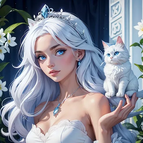 Un chat blanc au yeux bleus , angora , avec un collier et une fleur dans les cheveux et une couronne de roi