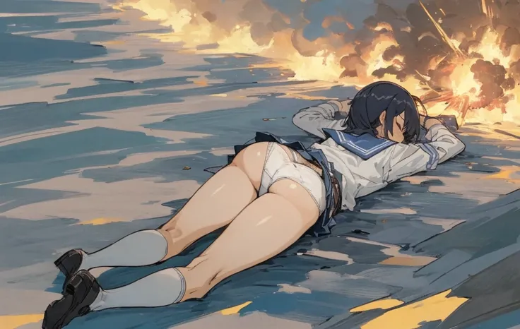 from back, ass, 1 girl in grey school uniform with a belt, laying on ground, closed eyes, ecchi anime style, detailed full body, thigh-high socks, micro mini skirt, (torn clothes, white panties:1.1), sailor collar, scenery, explosion