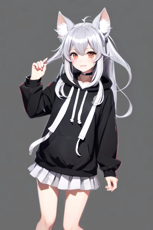 ((Live 2D)) Character design A girl with long silver hair Black eyes Full body Standing straight Front view Looking at the viewer Detailed face Silver hair Wearing a collar Cat-like ears Curled hair Ahoge Fluffy hair Energetic Wearing a hoodie There is