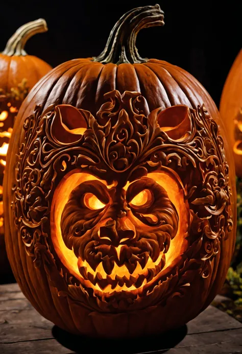 (pumpkin carving art: 1.42), impressive pumpkin carving display, quirky and original pumpkin designs, vibrant and detailed pumpkin carvings, different carvings, skilled craftsmanship, very complex pumpkin sculptures (best quality, 4k, 8k, high resolution, ...