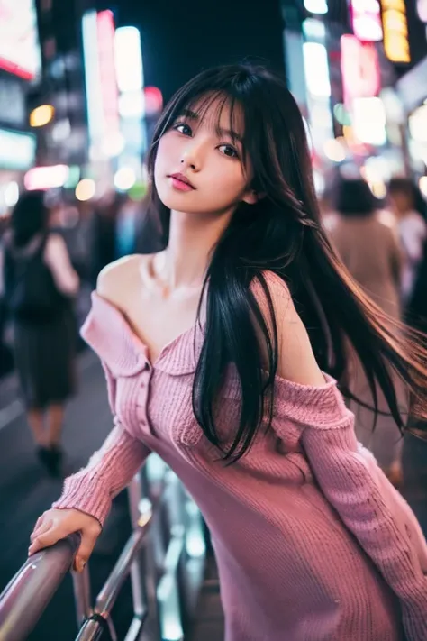 ((((long hair))))、((((black hair))))、highest quality、8K、HDR、High resolution、background blur、photograph、(intricate details:1.2)、1 girl、solo、japanese girl、beautiful girl、((((medium breasts)))、Perfect for your skin、long eyes、detailed pupil、(pink high heels、of...