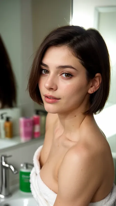 photograph of a woman 22 years old on her bathroom mirror with a "sephora" cream on the table, (sympathetic facial expression), textured skin, goosebumps, dark black straight short hair until her shoulders, with sexy towel, perfect gym body,thick thighs, t...