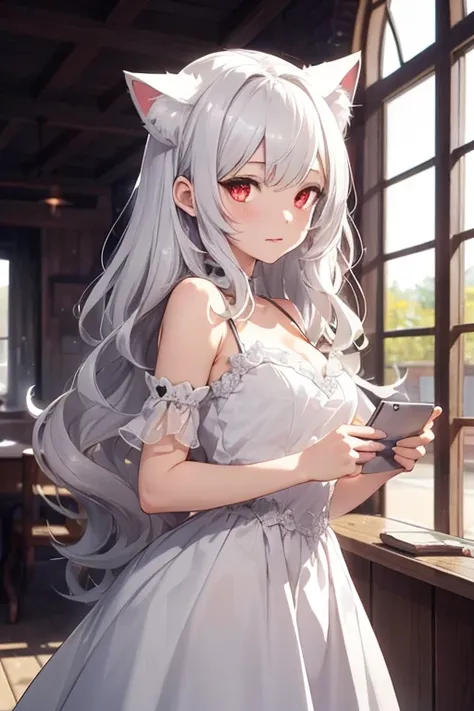 silver hair,Lady,Cat ear（pale silver）,red eyes,fluffy,white dress,wavy hair,long hair,Low exposure