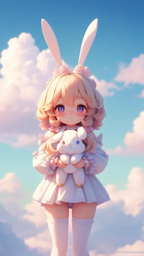 Bunny Morphing Girl, fluffy, soft ((highest quality)), ( extreme detail, best details, official art, beauty and aesthetic: 1.2), Depth of bounds written, composition, whole body, (Little), (beautiful and detailed eyes: 1.3), (Excellent:1), colorful clouds ...