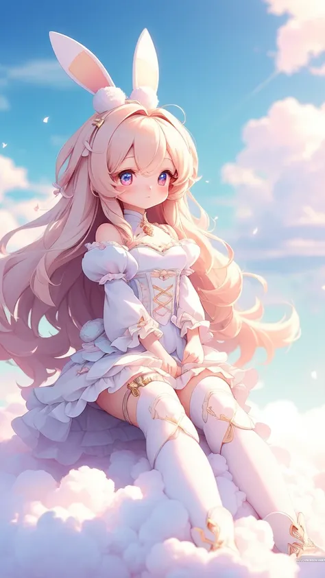 Bunny Morphing Girl, fluffy, soft ((highest quality)), ( extreme detail, best details, official art, beauty and aesthetic: 1.2), Depth of bounds written, composition, whole body, (Little), (beautiful and detailed eyes: 1.3), (Excellent:1), colorful clouds ...