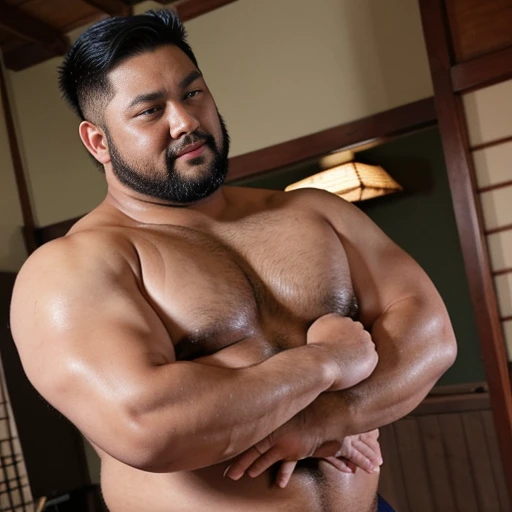 completely nude，nsfw, pee，Are crying，Kids Dick，thighs，Close-up of a man with a hairy body posing for a photo, standing in the room、Bearded、Shirtless around 40&#39;s man, 頑丈でがっしりIt was体, sturdy, half male、half asian black bull, Half-human, half-Asian black ...