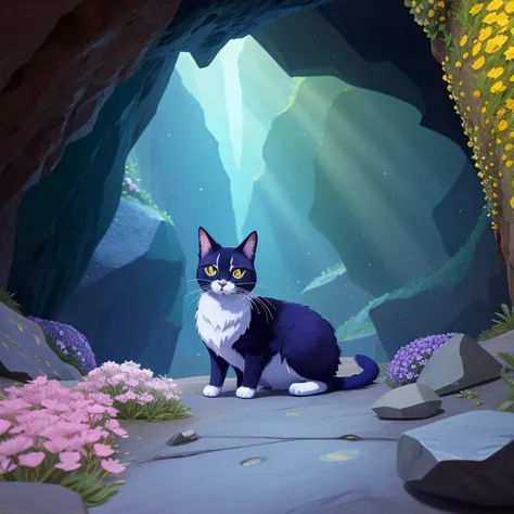 Le chat d&#39;Araffe in a precious rock cave looking at the camera, chat de l&#39, geologist , Chat dans une zone rocheuse , avec une couronne de fleur et un sceptre