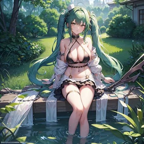 (Very good image quality), 1 girl Emerald green hair, long twin tails hair, back braid, low braid, bangs covering one eye, white veil, beret, silver tiara, yellow eyes, black blindfold, (chain) (bracelet with chain), (leg rings with chains)(chain connected...