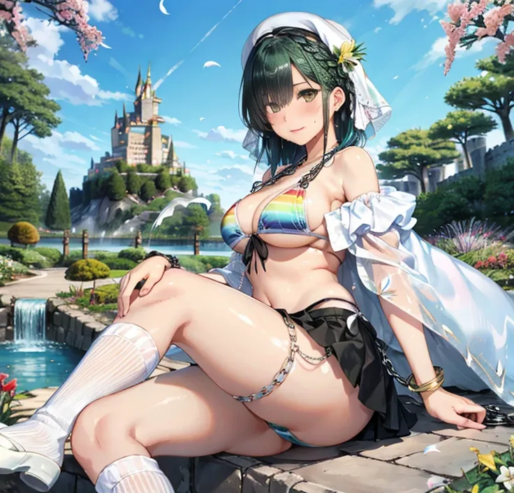 (Very good image quality), 1 girl Emerald green hair, long twin tails hair, back braid, low braid, bangs covering one eye, white veil, beret, silver tiara, yellow eyes, black blindfold, (chain) (bracelet with chain), (leg rings with chains)(chain connected...