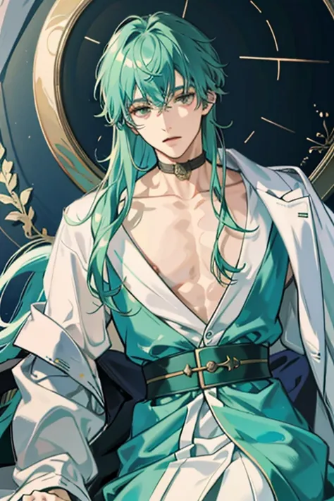 1 male，tentacle，Blue-green hair，robe，Very detailed，（8k，exquisite CG）