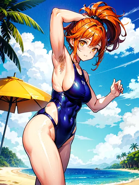 （（（masterpiece、Highest image quality、highest quality、highly detailed unity 8ｋwallpaper）））、（（Illustration of one girl））、（（（beautiful girl）））、（（orange hair、side ponytail、sidelocks：1.4、orange eyes））、（（（stocky build, thickset physique：1.6, muscular legs, broad...